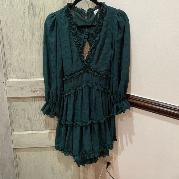 Angel Biba Emerald Green Cutout Back Long Balloon Sleeve Tiered Dress Size XS - Picture 2 of 7